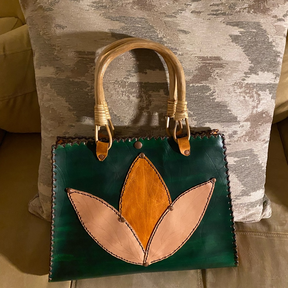 Green, Tan Leather Wooden Hand Bag